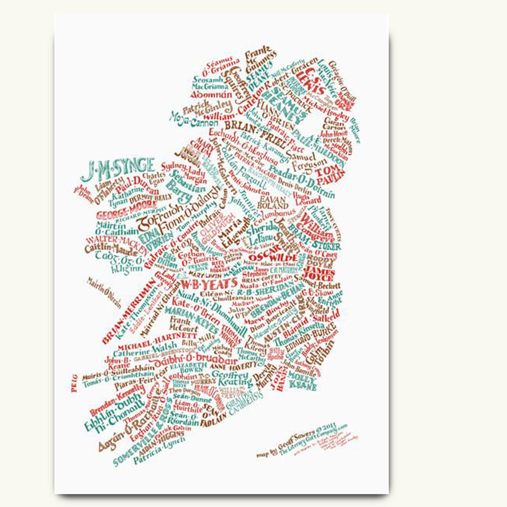 Literary Map of Ireland. A typographic tour of best-loved authors